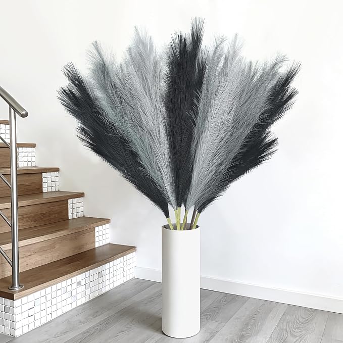 TORONTOKYO 8Pcs Black and Grey Faux Pampas Grass Tall Decor, 35.4” Fluffy Artificial Pompous Grass Branches, Large Pampas Grass Reed Stems for Floor Vase Filler, Wedding, Baby Shower, Home Boho Decor