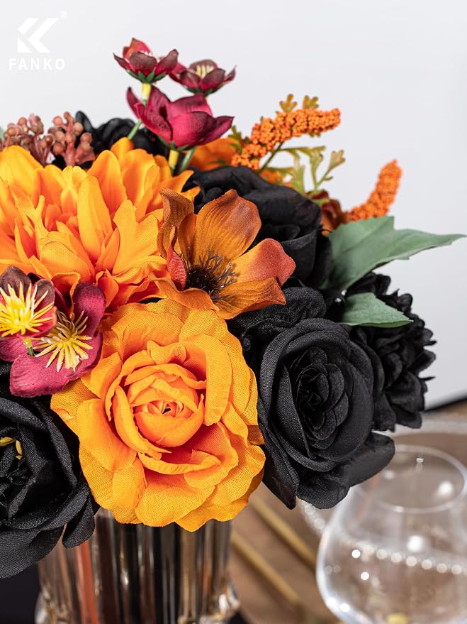 FANKO Artificial Flowers for DIY, Black Orange Faux Flowers Bouquet, Fake Rose Poppy Silk Flowers for Vase, Home Decor, Celebrations, Summer Wedding, Gothic Events, Party