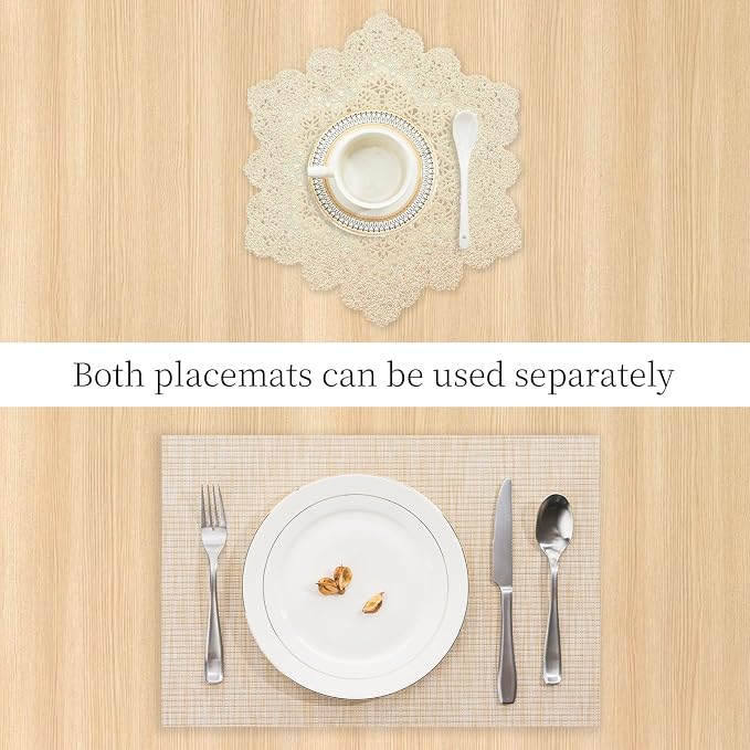 BACKTOEDEN Placemats Set of 4 Heat Resistant Washable Wipeable Placemats Woven Non-Slip Foldable Vinyl/Plastic Placemat Indoor/Outdoor Place Mats Kitchen Dining Table Mats, Gold Snowflake & Beige