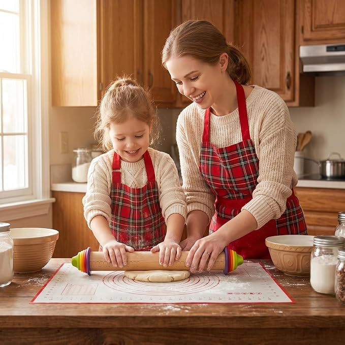 Adjustable Rolling Pin with Thickness Rings, 13.78" Dough Roller with 4 Multicolored Rings,Wooden Rolling Pins for Baking, Bread, Pizza Doughs, Pie Crusts-Home Baking Gift