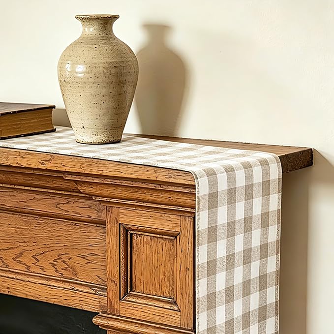 Alsoo Beige Gingham Table Runner 13 x 108 inches Long, Cotton Linen Farmhouse Checkered Kitchen Dining Table Decor for Home Party, Wrinkle Free