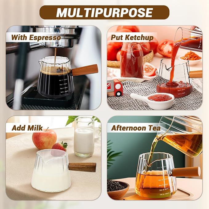 Espresso Measuring Cup 6 Oz, Espresso Glass Cups with Wood Handle, Milk Frothing Cup, Espresso Cup for Coffee, Milk, Tea or Maple Syrup Serving