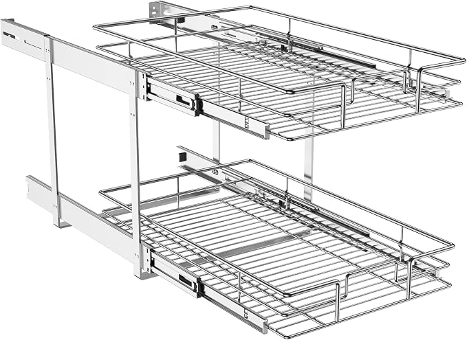 LOVMOR Individual Pull Out Cabinet Organizer, 2 Tier Cabinet Drawers Slide Out, Pots and Pans Organizer and Storage Pantry Shelf for Kitchen (14" W x 21" D)
