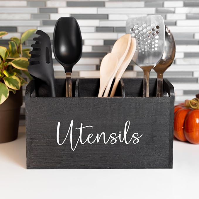 Black Kitchen Utensil Holder for Countertop – Large 3-Compartment Cooking Utensil Organizer & Caddy with Drain Holes, Modern Wood Utensil Holder for Kitchen Counter, Spatula & Spoon Storage