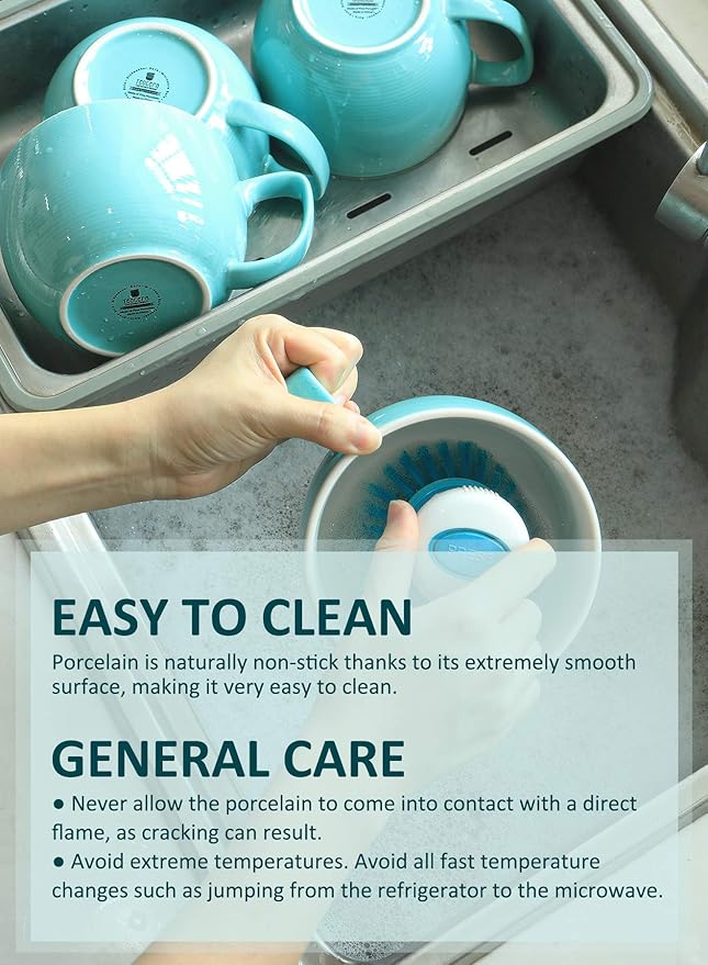 Teocera 24 oz Soup Bowls with Handles, Porcelain Large Coffee Mug Set, Jumbo Mugs, Soup Bowls Mugs set of 4 for Coffee, Oatmeal, Stew - Striped Design, Turquoise