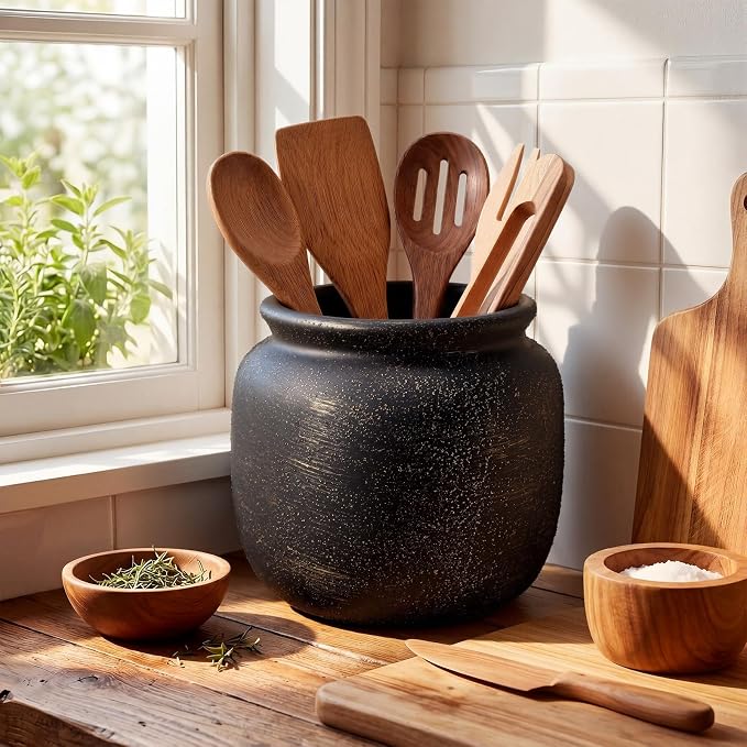 Qinyoung Rustic Kitchen Utensil Holder 6 Inch Small Ceramic Utensil Holder with Handle Vintage Crock Decoration Spatula Organizer for Kitchen Countertop Farmhouse Party Supplies(Black, Textured)