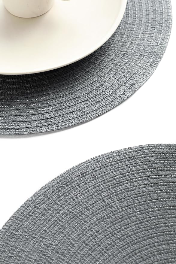 Floroom 15 Inch Round Braided Placemats Set of 4, Washable Heat Resistant Cotton Polyester Circle Place Mats for Kitchen Dining Table - Charcoal Grey