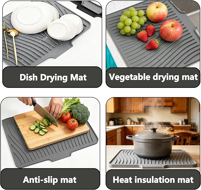 Silicone Dish Drying Mat,Dish Drying Pad,Kitchen Accessories,with Built-In and Non-Slip Drain,Easy Clean, Fit for Kitchen, Bar, RV, Refrigerator and Drawer Liner, 15.7 * 13 in Grey 1PCS by EBIGIC