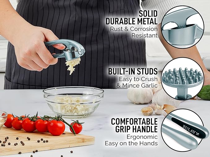 Zulay Kitchen Premium Garlic Press Set - Rust Proof Professional Garlic Mincer Tool - Easy-Squeeze, Easy-Clean with Soft, Ergonomic Handle - Silicone Garlic Peeler & Brush (Slate)