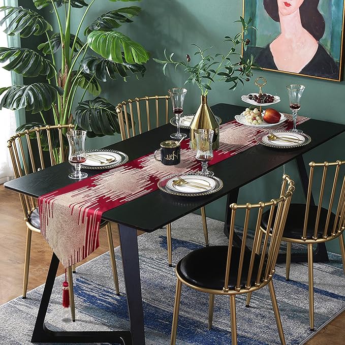 Luxury Christmas Red Table Runner 72 Inches Long Abstract Geometry Embroidery Pattern with Handmade Tassels Thick Fabric for Home Living Room Bedroom Dinner Room Art Decor Christmas