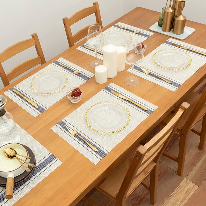 Winknowl Placemats Set of 6, Heat Resistant Non-Slip Vinyl Woven Table Mats for Dining Table, Washable Durable Elegant Place Mats for Kitchen Indoor/Outdoor Use (Beige Blue)