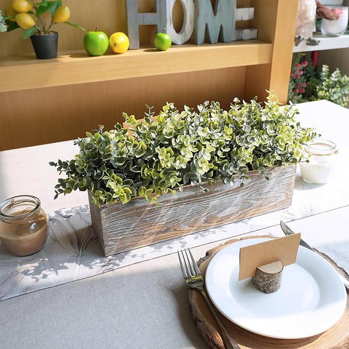 Winlyn 14" Artificial Eucalyptus in Rustic Rectangular Wooden Planter Box Faux Potted Eucalyptus Plant Greenery Arrangement for Home Wedding Dining Table Centerpiece Farmhouse Mantel Shelf Décor