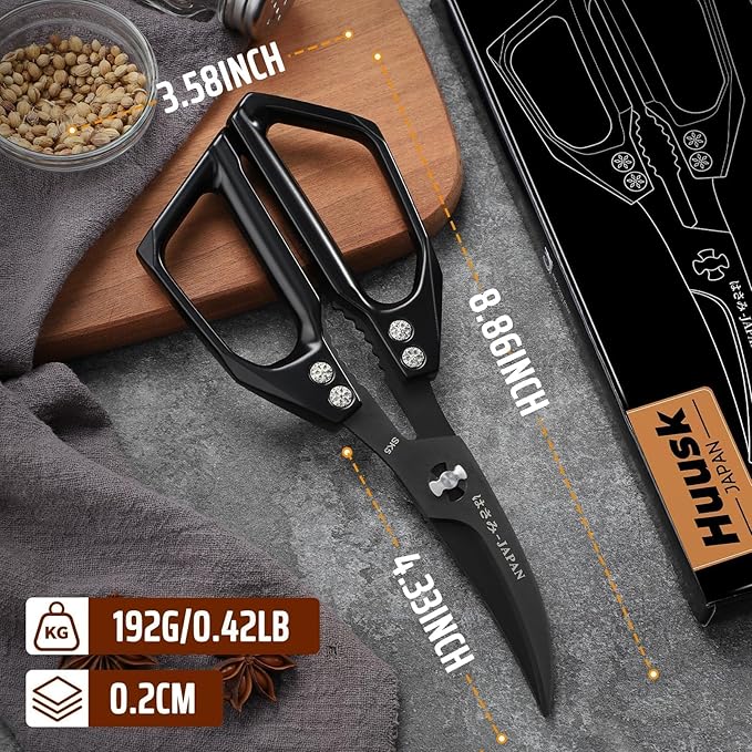 Huusk Seafood Scissors Black - Stainless Steel Kitchen Shears Dishwasher Safe, Sharp Japanese-Style Kitchen Scissor for Crab, Shrimp, Lobster, Herbs and Food Prep, Gifts for Men Women