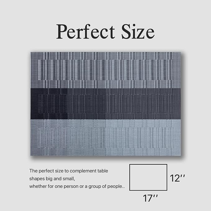 Placemats Set of 4 - Easy Clean Woven Vinyl Placemats for Dining Table, Indoor/Outdoor Place Mats, Washable PVC Table Mats (Silver Gray Black)