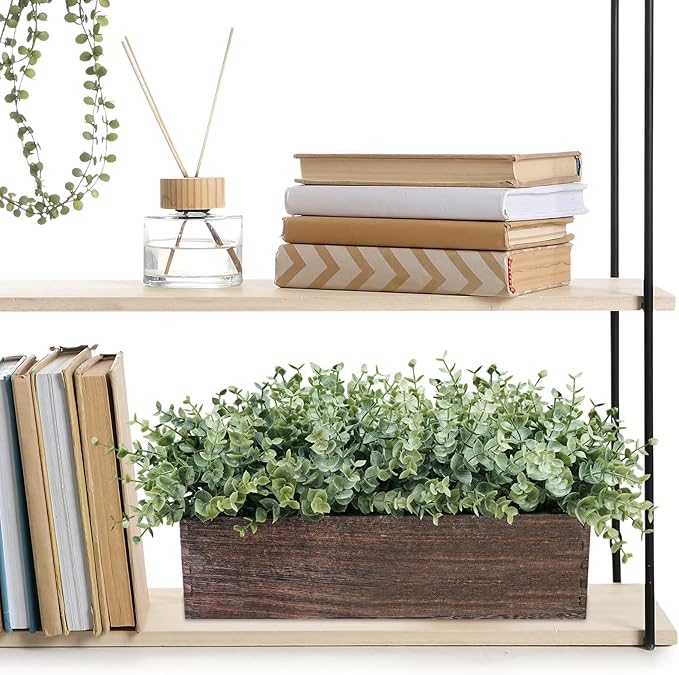 Winlyn 14" Artificial Eucalyptus in Rectangular Wood Planter Box Faux Plants Arrangement Centerpiece Wooden Potted Eucalyptus Plant for Farmhouse Wedding Dining Table Centerpiece Greenery Mantel Décor