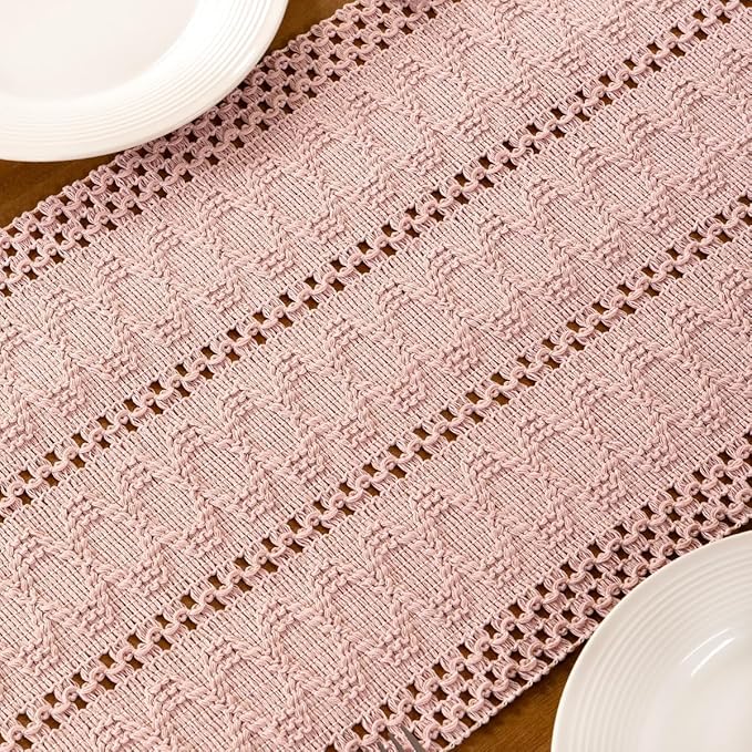MLMC Pink Boho Table Runner Farmhouse Macrame Woven Table Runner 36 inch Long Rustic Cotton Linen Blend Table Decor for Dinning Kitchen Wedding Bridal Shower Eveyrday Use 12x36 Inch