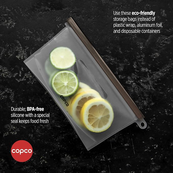 Copco Small Reusable Silicone Food Storage Bag - Sliding Lock Seal, Freezer Microwave Dishwasher Safe, Clear Leakproof Bag for Meal Prep, Lunch, Leftovers, Kitchen Organization