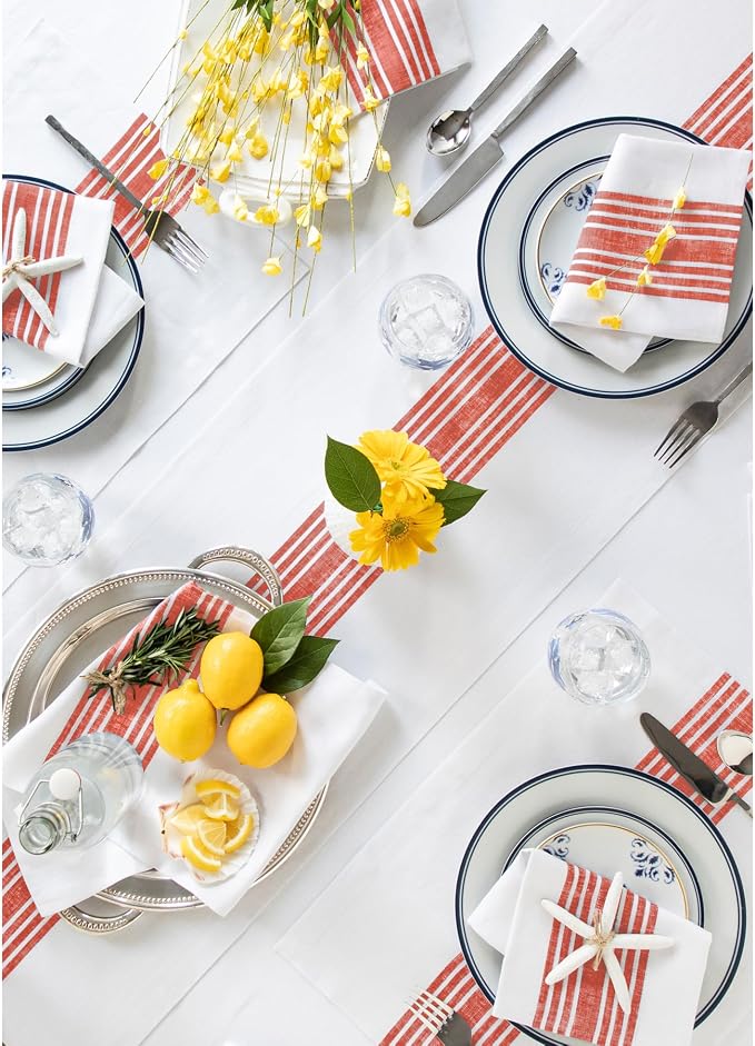 Solino Home Stripe Linen Table Runner 120 Inches Long - 100% Pure Linen Red and White Farmhouse Table Runner 14 x 120 Inch for Dining, 4th of July