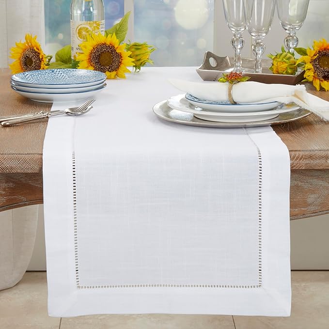 SARO LIFESTYLE Hemstitched Border Table Runner, Ivory, 16"x54"