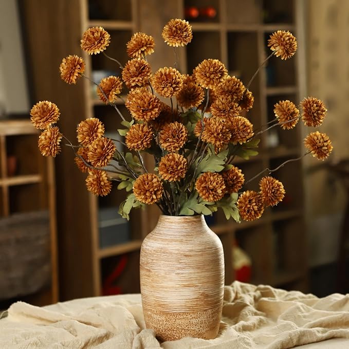 DuHouse 6pcs Artificial Flowers Faux Silk Pompon Mum,Silk Small Mini Chrysanthemum Ball with Stems for DIY Wedding Bouquets Centerpieces Vase Home Table Kitchen Decorations(Burnt Orange)