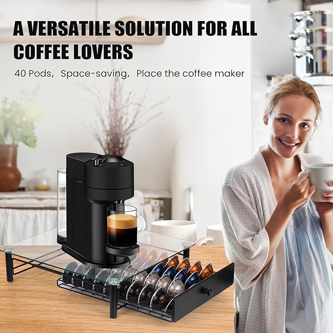 Tempered Glass Coffee Pod Drawer, Nespresso Vertuo Capsule Holder Organizer for 40 Pods, Under Coffee Maker Storage, Compatible with Vertuo Next/Plus, 14.76"x12.99"x3.5"