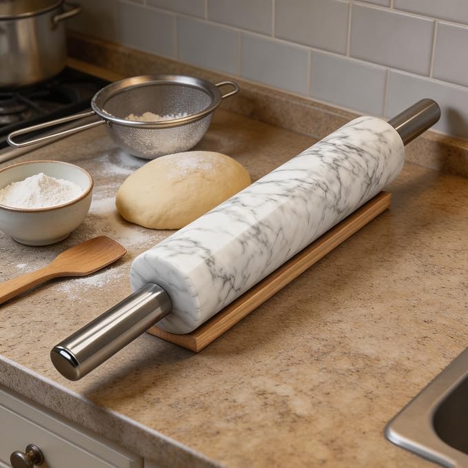 Premium White Marble Rolling Pin Set with Natural Veins, Stainless Steel Handles, Wooden Stand, Pastry Mat, Dough Cutter & 3 Thickness Rings ā Baking Gift Set