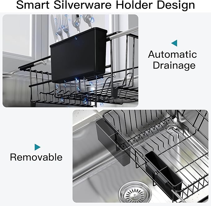 Black Dish Drying Rack Over the Sink In Stainless Steel Expandable Drainer for Small Kitchen, Counter Space Saving Compact Inside Sink Plate Dryer, Adjustable Hanging Metal Wire Strainer Drain Holder