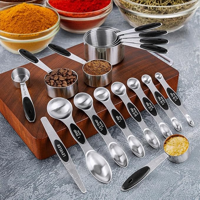 Measuring Cups & Spoons Set of 16, BOBIPRO Stainless Steel 8 Nesting Measure Cups Set & 7 double-sided Magnetic Measuring Spoons Set & 1 Leveler for Dry and Liquid Ingredient