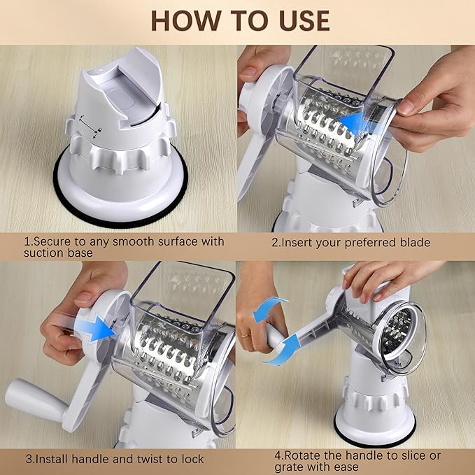 Rotary Cheese Grater Hand Crank, Vegetable Slicer with 3 Blades, Stable Suction, Labor-Saving Handle, Cheese Shredder for Potato Vegetables Nuts Chocolate, White