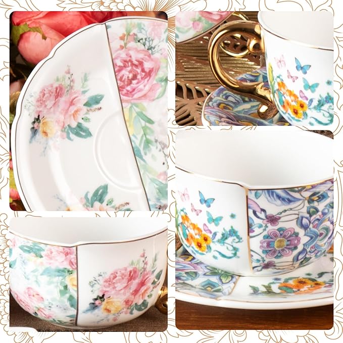 KAMMAK Tea Cups and Saucers Set of 2, Fine Bone China Coffee Cups, 8.45-Ounce Stackable Espresso Mugs, Ceramic Demitasse for Coffee, Cappuccino, Latte, Americano, Tea, Peony + Parrot