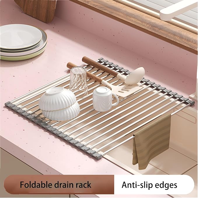 JAYWAYNE Roll Up Dish Drying Rack, Heavy Duty Stainless Steel Over The Sink Drainer, Foldable Space Saver with Heat Resistant Trivet Mat, 17.5 x 14 Inch