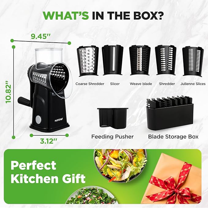 NutriChef 5 in 1 Cheese Grater & Shredder | 5 Different Blades for Thin, Thick, Julienne Strips, Wavy, & Straight Strips | Includes Hand Crank, Strong Suction Base & Storage Container | Black
