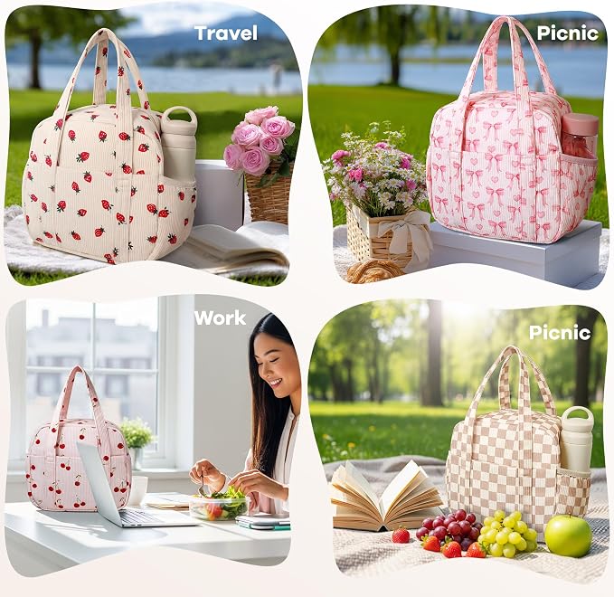 Yarnic Lunch Bag Women Insulated, Large Corduroy Lunch Box for Work with Bottle Pockets, Stylish Reusable Cooler Tote for Adults Teachers Picnic Travel (Pink Bow)
