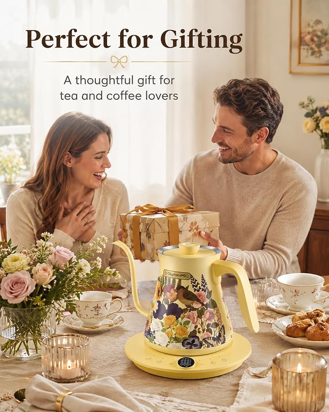 Olumaramio 0.8L/27oz Gooseneck Electric Kettle - ±1℉ Precise Temperature Control for Pour Over Coffee & Tea, 1200W Fast Heating, Auto Shut-Off, Built-in Brew Timer, BPA-Free Stainless Steel, Floral