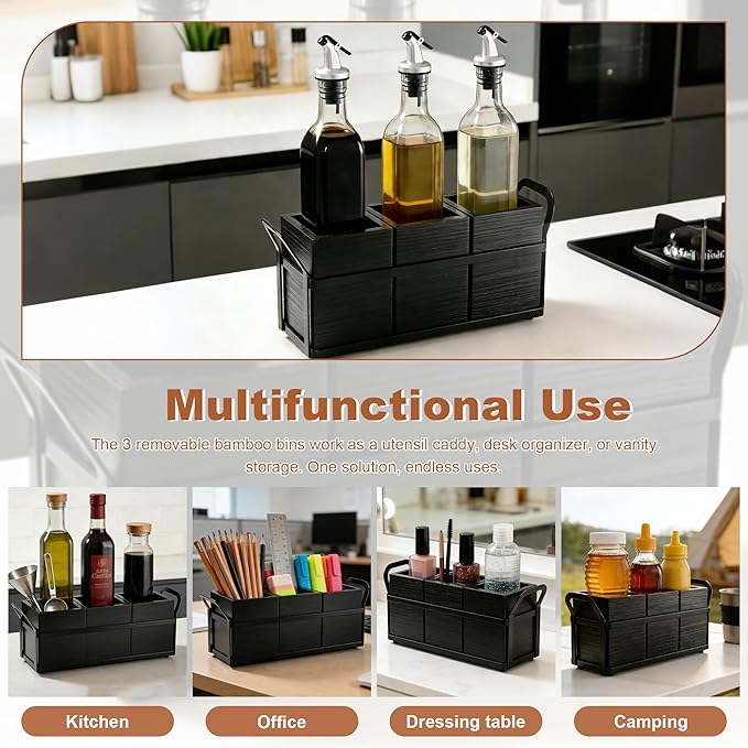 Kitchen Utensil Holder for Countertop, 3 Compartments Wooden Utensils Organizer for Cooking Utensils, Silverware, Spatula, Fork, Knife, Cutlery Storage for Kitchen Counter-Black