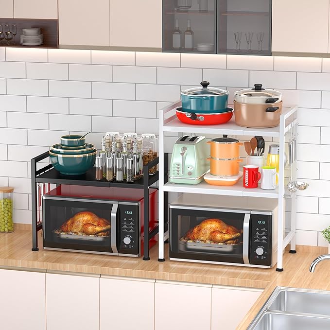 PUSDON Microwave Oven Rack, Adjustable Shelf Organizer 3-Tiers with 3 Hooks, & 160lbs Capacity for Kitchen Counter, White