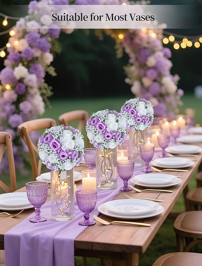 BLOSMON Fake Flowers Ball Centerpieces: 2 Pcs Lilac Rose Babys Breath Artificial Flowers Decoration for Wedding Table - Faux Silk Kissing Floral Bouquet Arrangements for Home Party DIY Decor