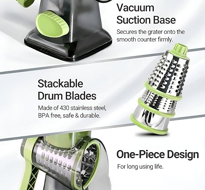 INCITATUS - Cheese Grater Hand Crank - Rotary Cheese Shredder - 3 Interchangeable Stainless Steel Blades & Strong Suction Base - Parmesan Vegetable Grater - Manual Kitchen Vegetable Slicer