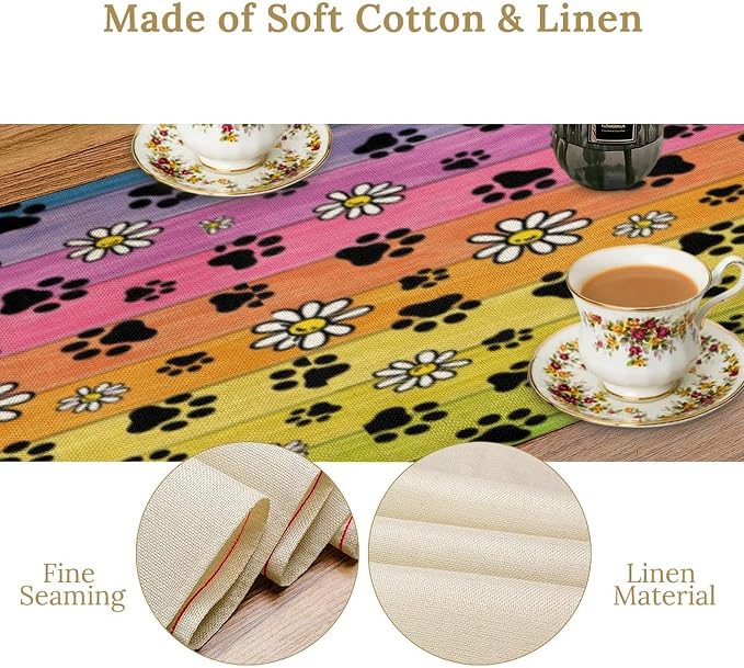 Paw Print Table Runner, Cartoon Vintage Rustic Colourful Wooden Board Flower Cute Dog Paw Prints Table Decor Table Top Dining Kitchen Wedding Party 13x70 in