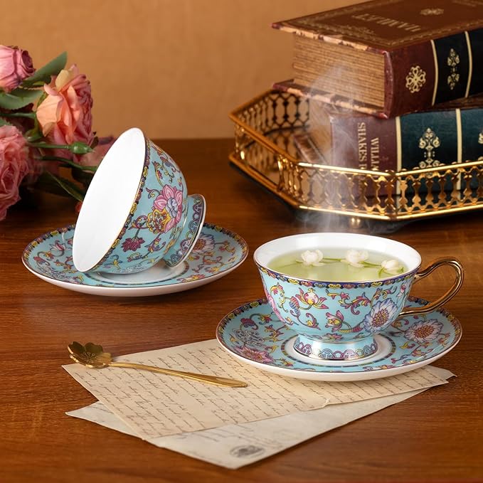 KAMMAK Tea Cups and Saucers Set of 2, Fine Bone China Coffee Cups, Stackable Espresso Mugs, Ceramic Demitasse for Coffee, Cappuccino, Latte, Americano, Tea, Full Bloom Blue