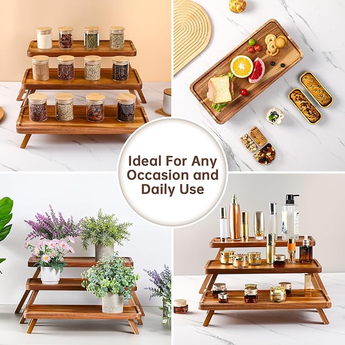 Tiered Serving Tray 17 Inch Acacia Wooden Cupcake Stand & Platters 3 Tiered Tray Foldable Dessert Table Display Set Decor for Party Charcuterie Boards for Birthday, Wedding, Christmas, Valentine's Day