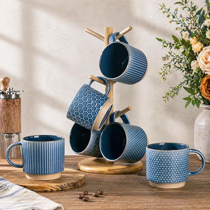GBhome 12 OZ Stackable Coffee Mugs Set of 6, Ceramic Coffee Mugs with Texture Patterns for Man,Woman,Dad,Mom, Modern Coffee Cups for Latte/Cappuccino/Cocoa. Dishwasher&Microwave Safe