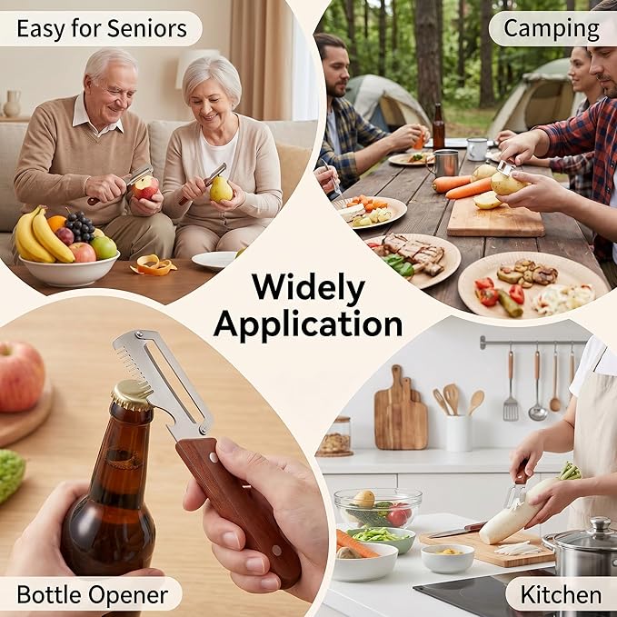 Vegetable Peeler with Bottle Opener - 2PCS Veggie Peeler with Wooden Handle, Multifunctional Potato Peeler with Scallion Shredder, Fruit Peeler for Kitchen, Camping, Travel