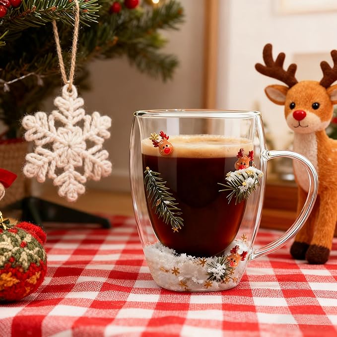 Christmas Glass Coffee Mugs Set Of 4-12oz Double Wall Insulated High Borosilicate Glasses Mugs With Handle For Latte,Cappuccino,Tea Bag