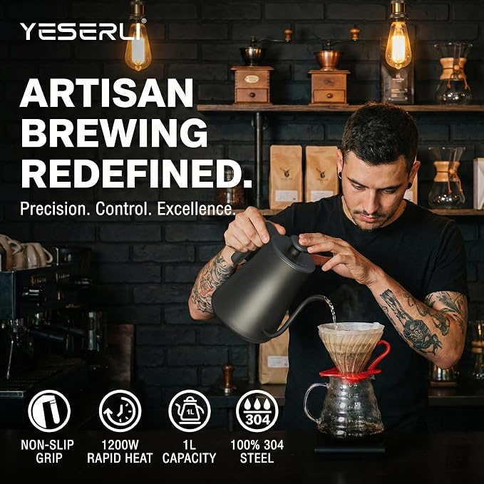 1.0L Gooseneck Electric Kettle with ±1℉ Temperature(104-212F) Control, Expert Brew Pour-Over Coffee & Tea,4 Temp Preset,12H Keep Warm,304 Stainless Steel Interior, 1200W Fast Boiling, Matte Black