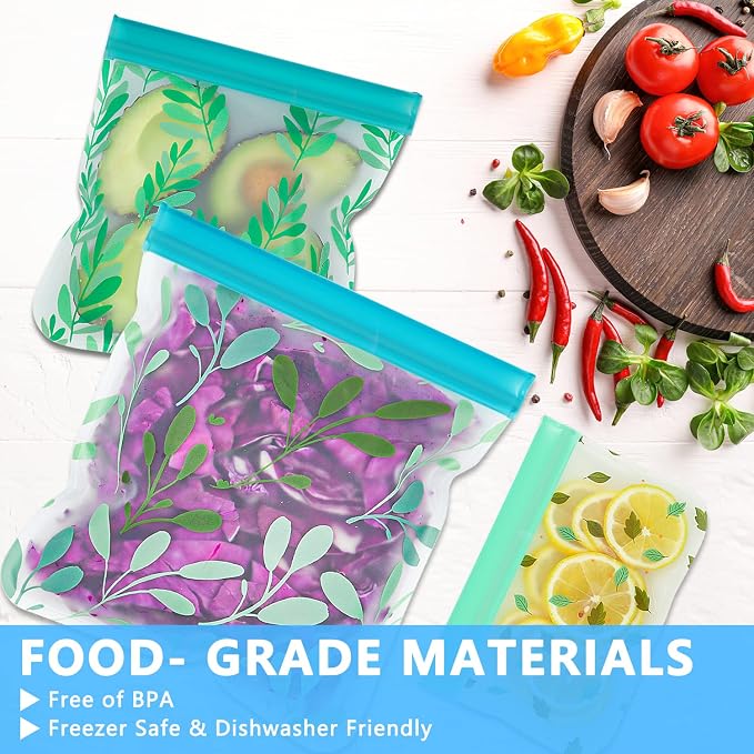 10 Pack Dishwasher Safe Reusable PEVA Food Storage Bags, Leak proof Reusable Freezer Bags for Food Storage Home Organization Traval & Make-up BPA FREE for Food Storage Home BPA FREE for Salad Fruit