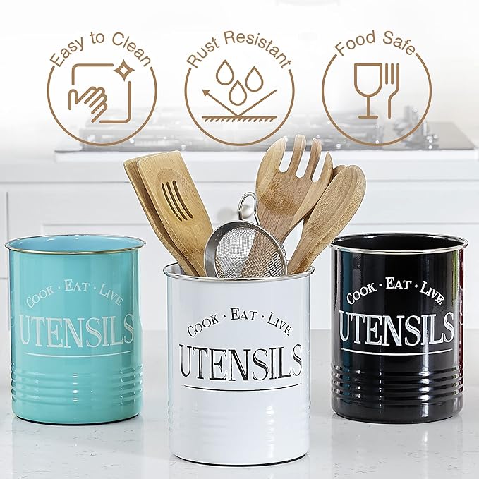 Walford Home Original Kitchen Utensil Holder Crock, White With Premium Padded Base - Vintage Farmhouse Home Kitchen Decor - Large Kitchen Tool Utensil Storage Caddy Organizer