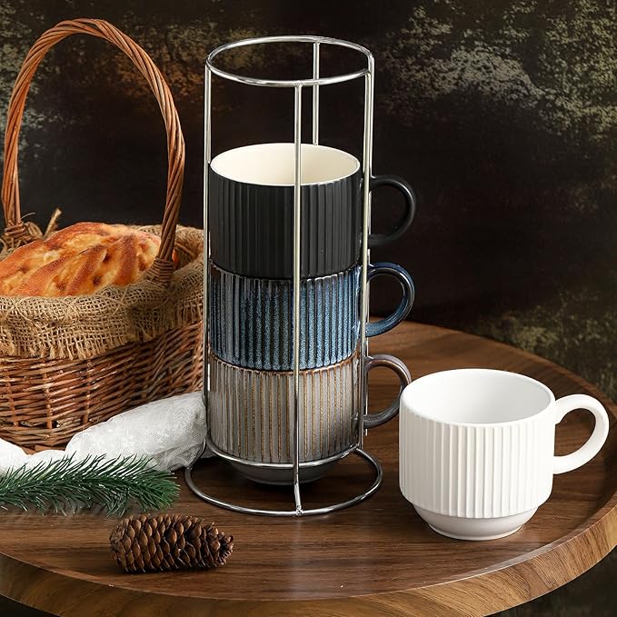 Ceramic Coffee Mugs with Stand,15 Ounce Stackable Coffee Cups Set of 4 for Latte,Cappuccino,Mocha,Cocoa,Ribbed Vintage Coffee Cups for Men Women,Dishwasher & Microwave Safe,Striped Multicolor