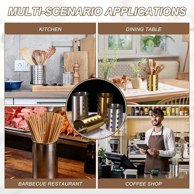 uxcell Kitchen Utensil Holder, 3.9x5.5 Stainless Steel Utensil Cutlery Holder Round Flatware Organizer with Drain Hole for Kitchen Restaurant Countertop Straw, Spoon, Chopstick, Gold