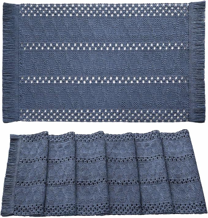 ZeeMart Macrame Style Boho Placemats Set of 6, Dusty Blue 12x20 Inch | Decorative Farmhouse Table Mats, Natural Cotton Woven Place Mats, Bohemian Home Decor for Kitchen Dining Table